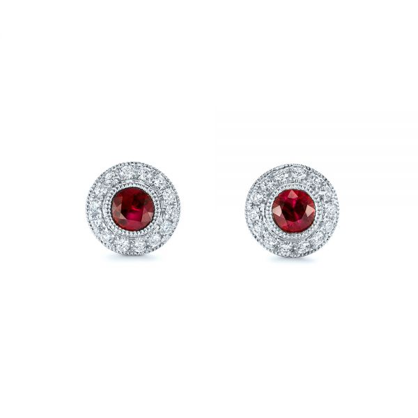 18k White Gold 18k White Gold Ruby And Diamond Halo Stud Earrings - Three-Quarter View -  103730