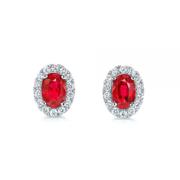 14k White Gold 14k White Gold Ruby And Diamond Halo Stud Earrings - Three-Quarter View -  106443