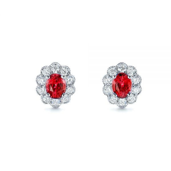  Platinum Platinum Ruby And Diamond Halo Stud Earrings - Three-Quarter View -  106454