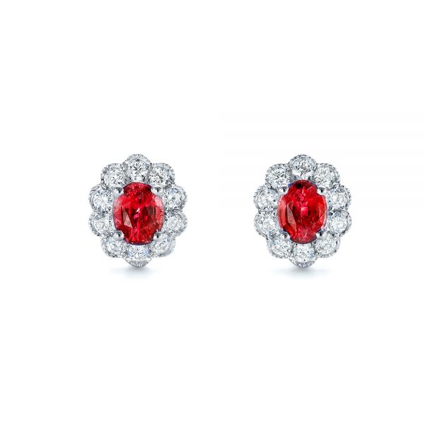 18k White Gold 18k White Gold Ruby And Diamond Halo Stud Earrings - Three-Quarter View -  106454