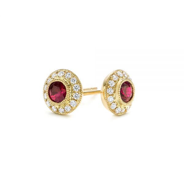 14k Yellow Gold Ruby And Diamond Halo Stud Earrings - Front View -  103730