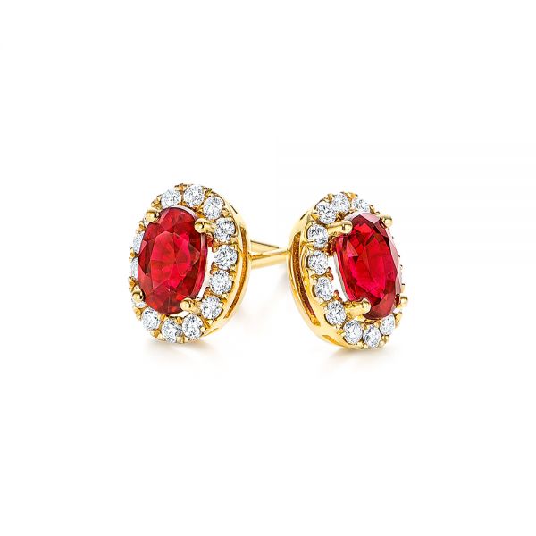  14K Gold Ruby And Diamond Halo Stud Earrings - Front View -  106443