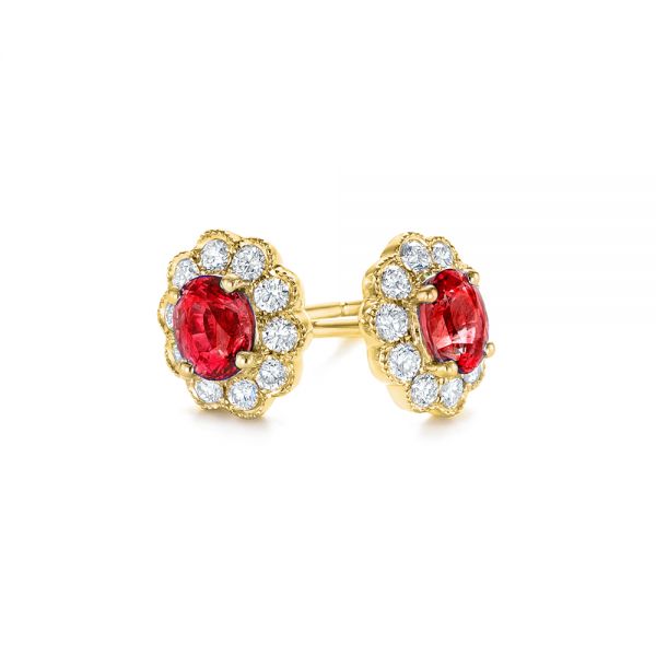  14K Gold Ruby And Diamond Halo Stud Earrings - Front View -  106454
