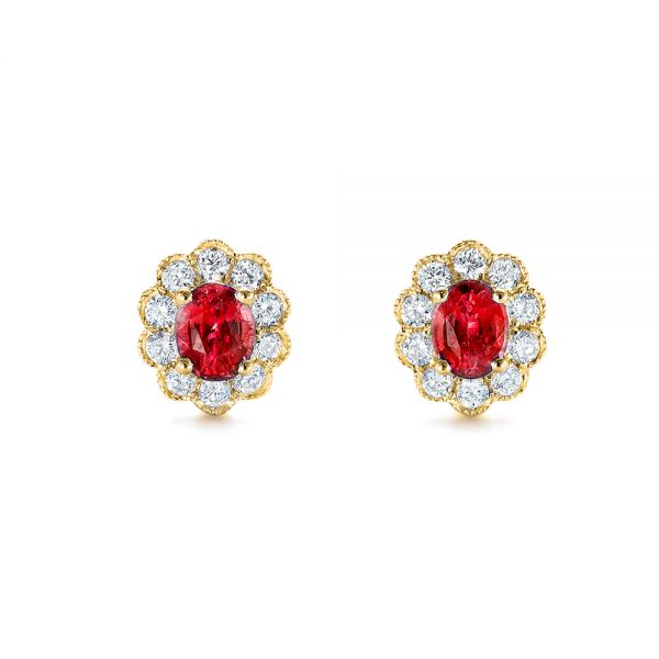  14K Gold Ruby And Diamond Halo Stud Earrings - Three-Quarter View -  106454