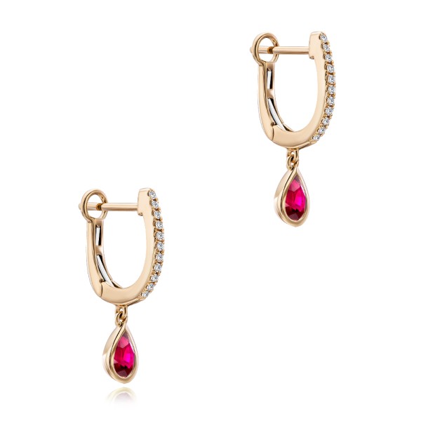 14k Rose Gold 14k Rose Gold Ruby And Diamond Huggies - Front View - 108026