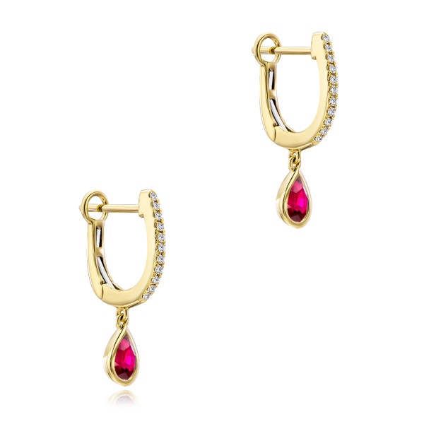 14k Yellow Gold Ruby And Diamond Huggies - Front View - 108026