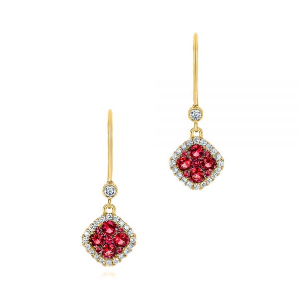 14k Yellow Gold Ruby And And Diamond Leverback Earrings - Three-Quarter View -  106011