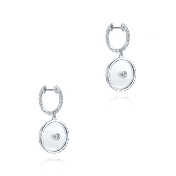 18k White Gold 18k White Gold Sapphire Crystal Disc Diamond Huggie Earrings - Front View -  107987 - Thumbnail