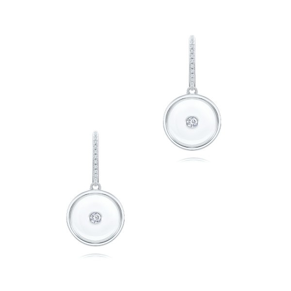 18k White Gold 18k White Gold Sapphire Crystal Disc Diamond Huggie Earrings - Three-Quarter View -  107987 - Thumbnail