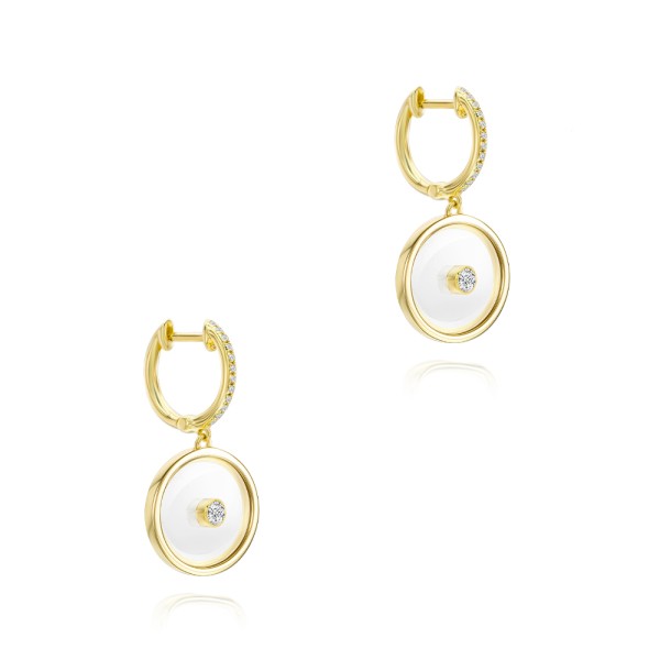 14k Yellow Gold 14k Yellow Gold Sapphire Crystal Disc Diamond Huggie Earrings - Front View -  107987 - Thumbnail