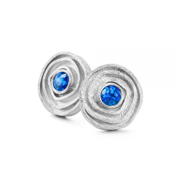 Scroll Stud Earrings With Bezel Set Blue Sapphire - Flat View -  107233 - Thumbnail