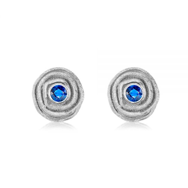 Scroll Stud Earrings With Bezel Set Blue Sapphire - Three-Quarter View -  107233