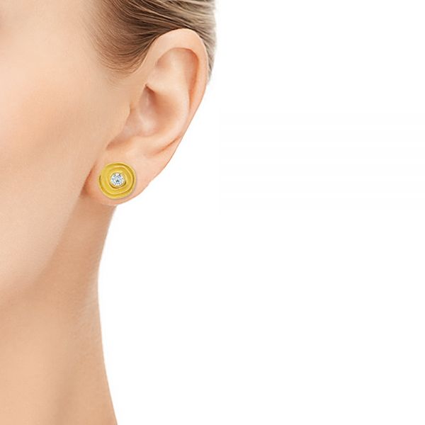 Scroll Stud Earrings With Bezel Set Diamond - Hand View -  107232