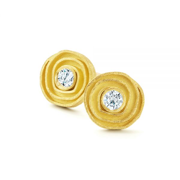 Scroll Stud Earrings With Bezel Set Diamond - Flat View -  107232 - Thumbnail