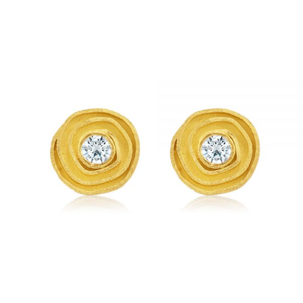 Scroll Stud Earrings With Bezel Set Diamond - Three-Quarter View -  107232