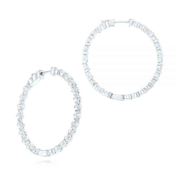 18k White Gold Single Prong Diamond Hoop Earrings - Three-Quarter View -  103690