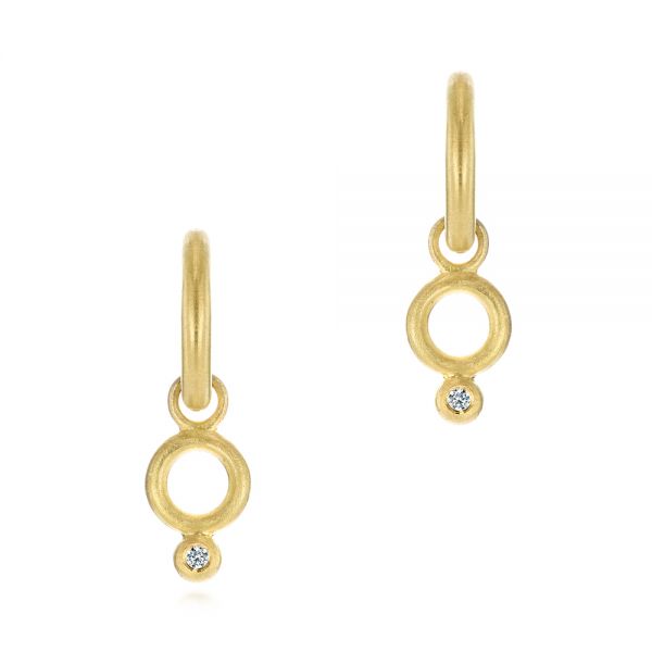 18k Yellow Gold Solid Hoop Earrings With Rondo Bead Charms - Three-Quarter View -  105812