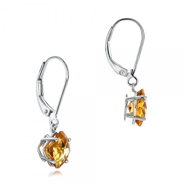 14k White Gold Square Checkerboard Citrine Drop Earrings - Front View - 100506