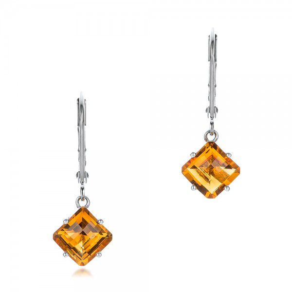 14k White Gold Square Checkerboard Citrine Drop Earrings - Three-Quarter View -  100506