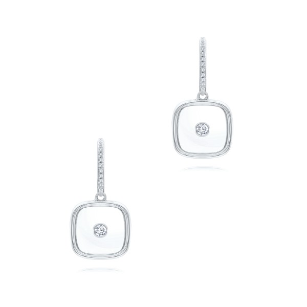18k White Gold 18k White Gold Square Sapphire Crystal Diamond Drop Earrings - Three-Quarter View - 107988