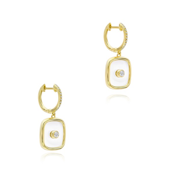 14k Yellow Gold Square Sapphire Crystal Diamond Drop Earrings - Front View - 107988