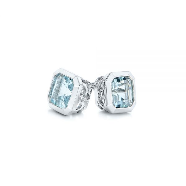 14k White Gold Step Cut Aquamarine Stud Earrings - Front View - 106036