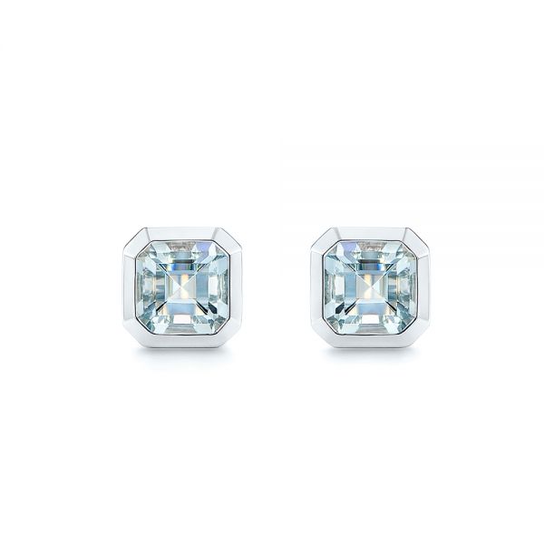 14k White Gold Step Cut Aquamarine Stud Earrings - Three-Quarter View -  106036