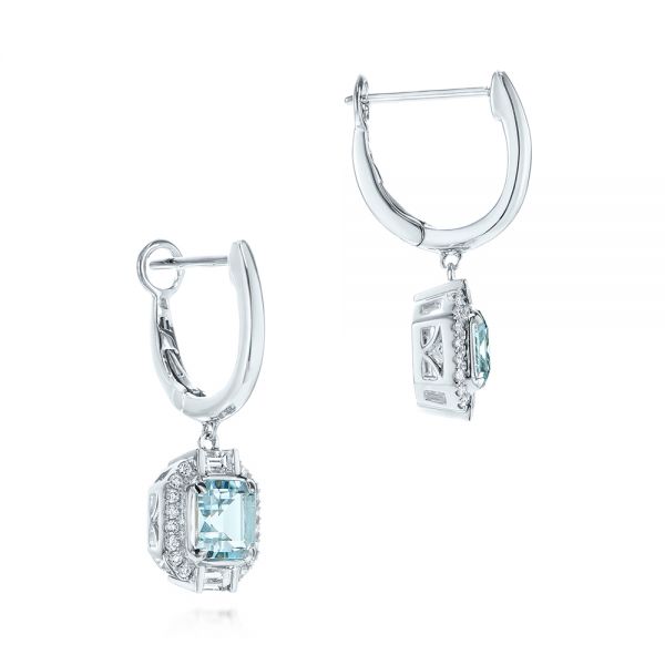 14k White Gold Step Cut Aquamarine And Diamond Drop Earrings - Front View - 105977