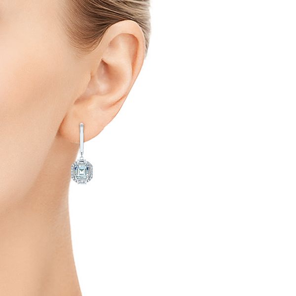 14k White Gold Step Cut Aquamarine And Diamond Drop Earrings - Hand View -  105977