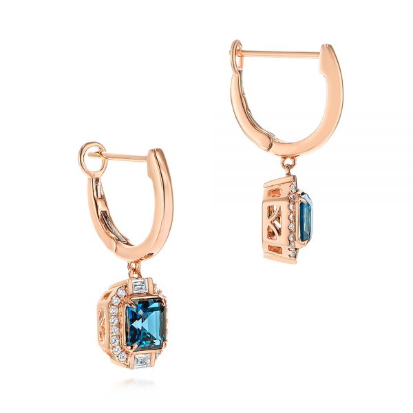 14k Rose Gold Step Cut London Blue Topaz And Diamond Earrings - Front View -  106053 - Thumbnail