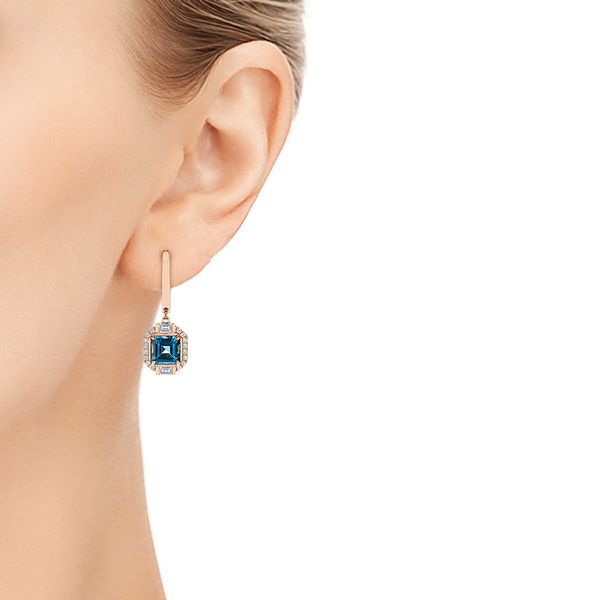 18k Rose Gold 18k Rose Gold Step Cut London Blue Topaz And Diamond Earrings - Hand View -  106053 - Thumbnail