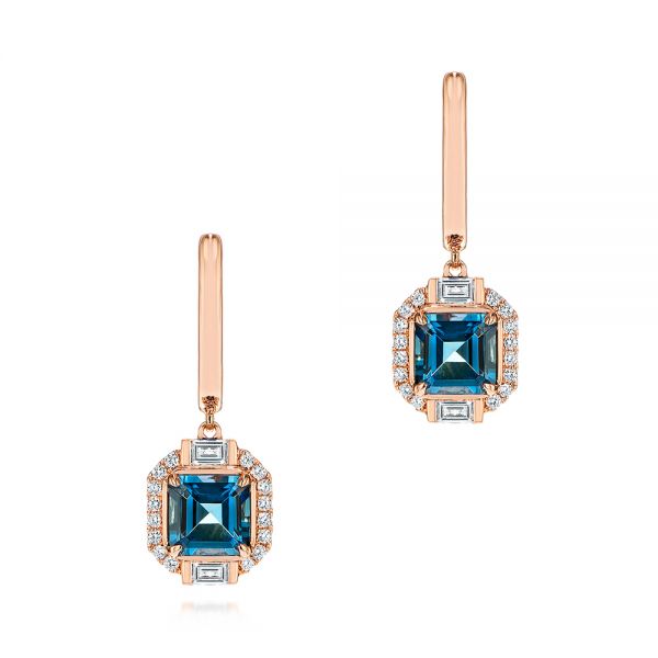 14k Rose Gold Step Cut London Blue Topaz And Diamond Earrings - Three-Quarter View -  106053