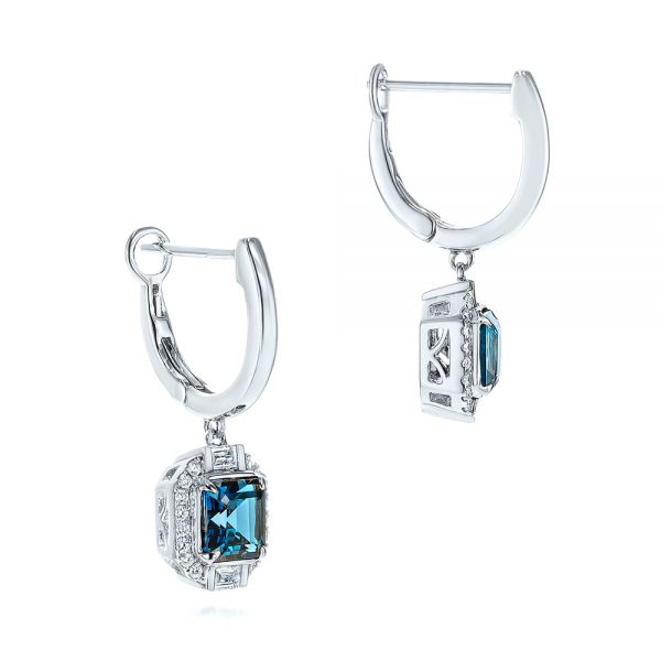 14k White Gold 14k White Gold Step Cut London Blue Topaz And Diamond Earrings - Front View - 106053