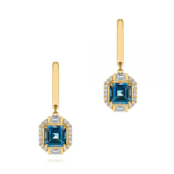 18k Yellow Gold 18k Yellow Gold Step Cut London Blue Topaz And Diamond Earrings - Three-Quarter View -  106053 - Thumbnail