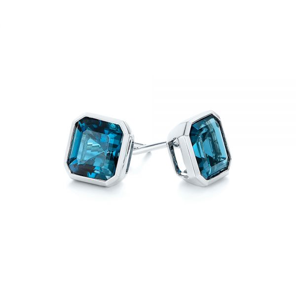 14k White Gold Step-cut London Blue Topaz Stud Earrings - Front View -  105997
