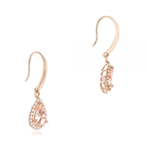 14k Rose Gold Tear Drop Morganite And Diamond Halo Earrings - Front View -  102530