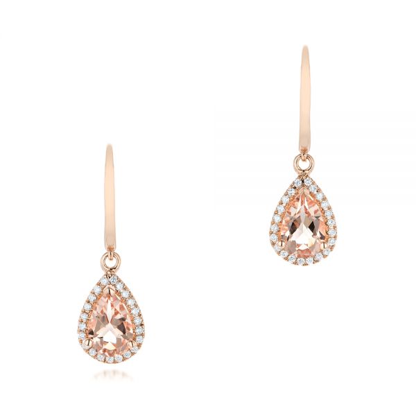 14k Rose Gold Tear Drop Morganite And Diamond Halo Earrings - Three-Quarter View -  102530