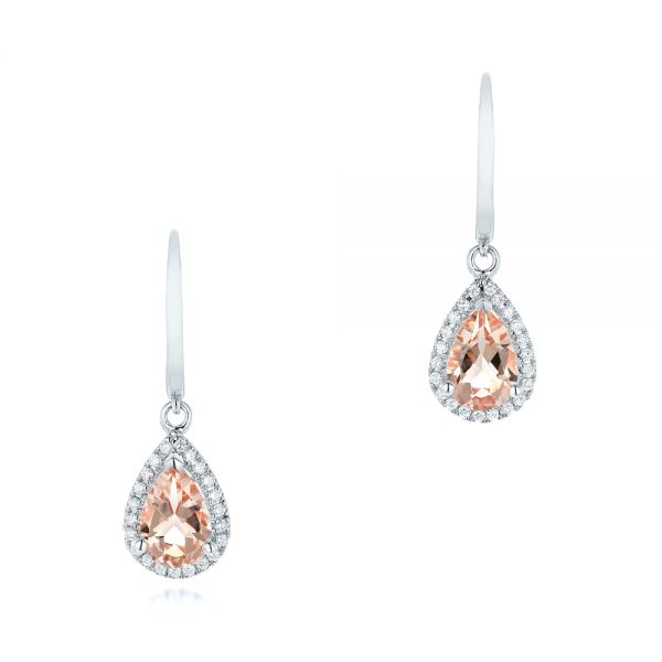 18k White Gold 18k White Gold Tear Drop Morganite And Diamond Halo Earrings - Three-Quarter View -  102530