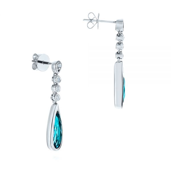 14k White Gold Teardrop Blue Topaz And Diamond Drop Earrings - Front View - 105429