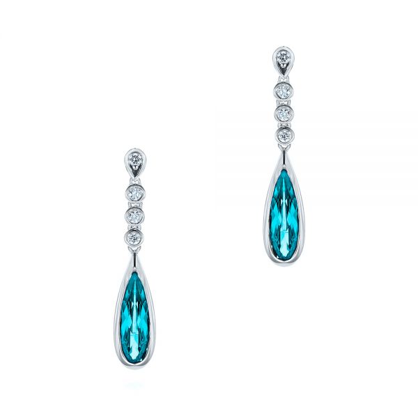  Platinum Platinum Teardrop Blue Topaz And Diamond Drop Earrings - Three-Quarter View -  105429