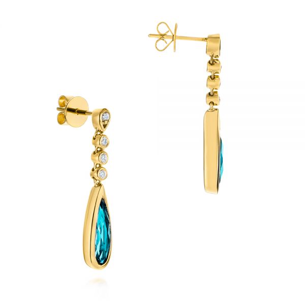 14k Yellow Gold 14k Yellow Gold Teardrop Blue Topaz And Diamond Drop Earrings - Front View - 105429