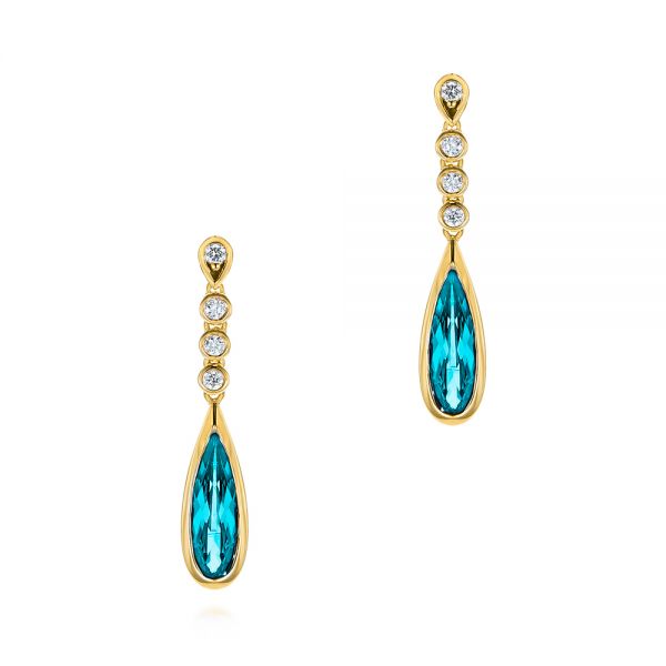 18k Yellow Gold 18k Yellow Gold Teardrop Blue Topaz And Diamond Drop Earrings - Three-Quarter View -  105429