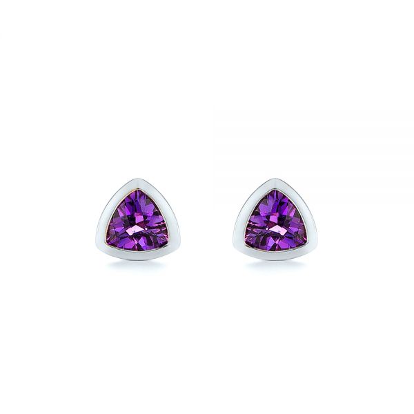 14k White Gold 14k White Gold Trillion Amethyst Stud Earrings - Three-Quarter View -  106031