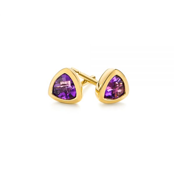 18k Yellow Gold 18k Yellow Gold Trillion Amethyst Stud Earrings - Front View -  106031