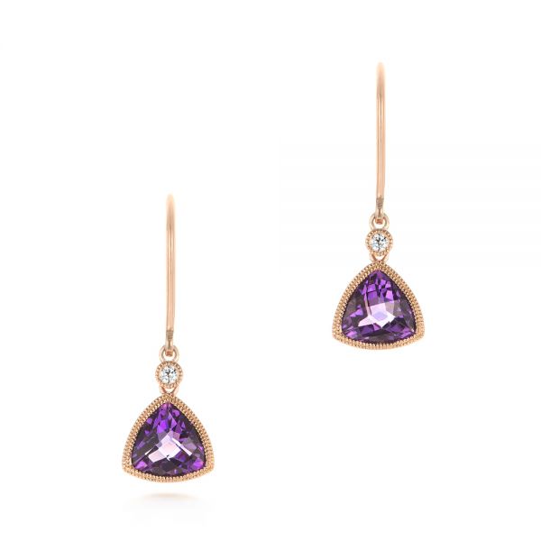 14k Rose Gold Trillion Amethyst And Diamond Drop Earrings - Three-Quarter View -  103731