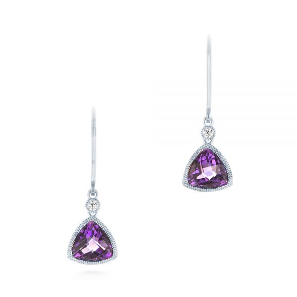  Platinum Platinum Trillion Amethyst And Diamond Drop Earrings - Three-Quarter View -  103731