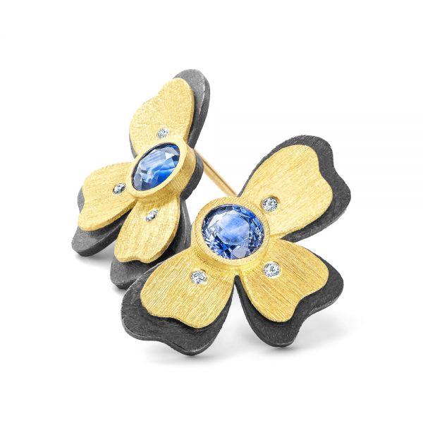 Two-tone Diamond And Blue Sapphire Flower Climbers - Flat View -  107238 - Thumbnail