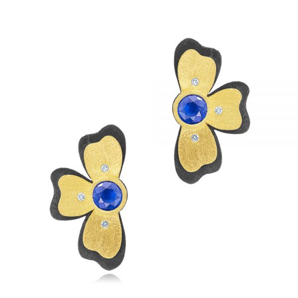 Two-tone Diamond And Blue Sapphire Flower Climbers - Three-Quarter View -  107238