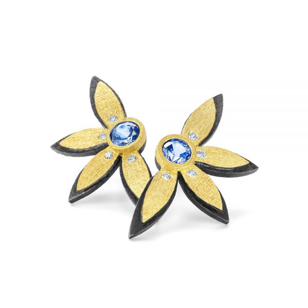 Two-tone Diamond And Blue Sapphire Pointed Tip Flower Climbers - Flat View -  107237