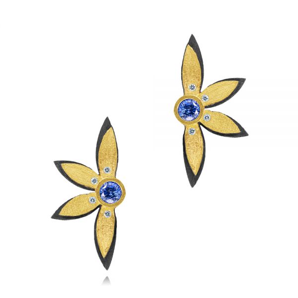 Two-tone Diamond And Blue Sapphire Pointed Tip Flower Climbers - Three-Quarter View -  107237